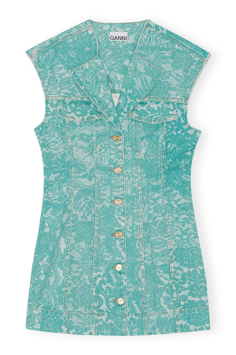 Lace Printed Denim Mini Dress, Cotton, in colour Canton - 1 - GANNI