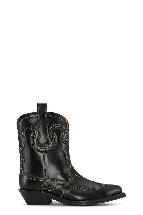 Shop Ganni Low Shaft Embroidered Western Boots In Black/yellow