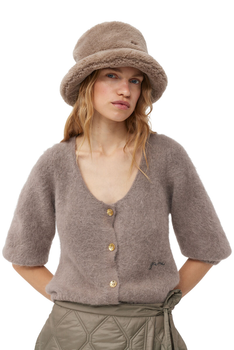 Light Grey Fluffy Tech Bøllehat, Recycled Polyester, in colour Oyster Gray - 1 - GANNI