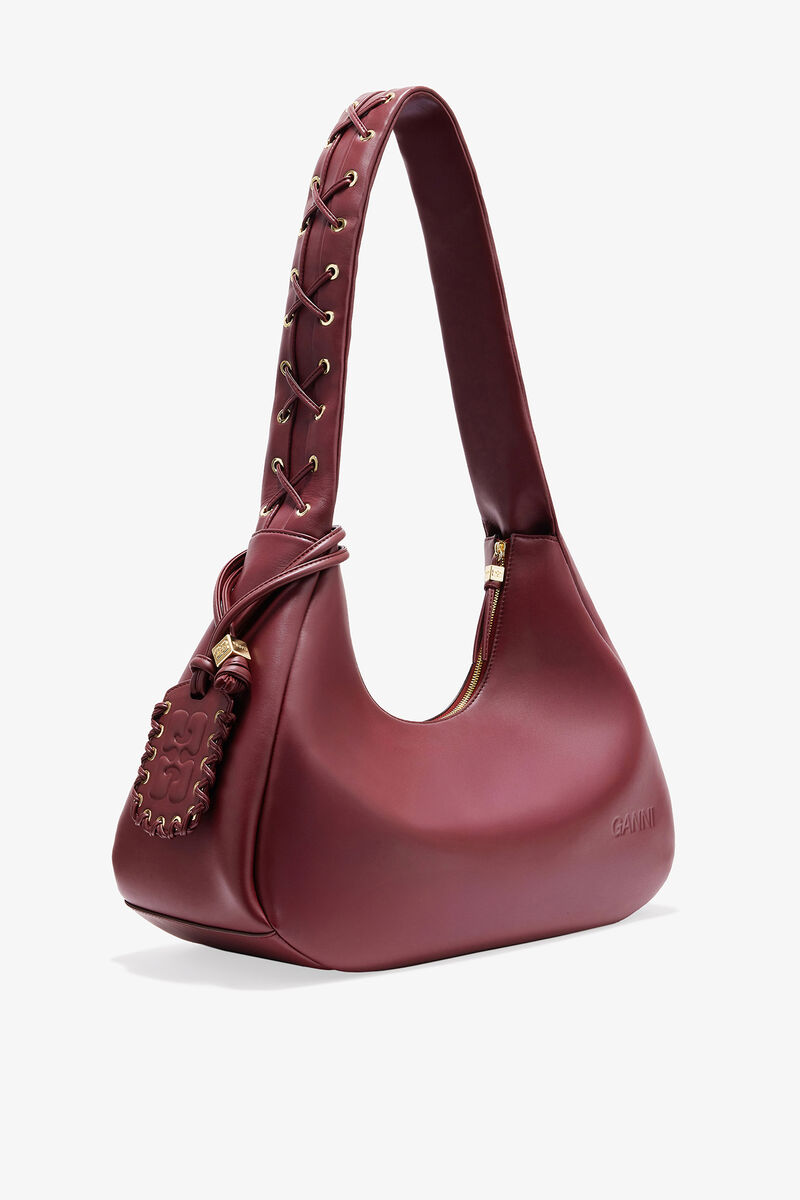 Burgundy Medium Laces Hobo Bag, Recycled Leather, in colour Burgundy - 2 - GANNI