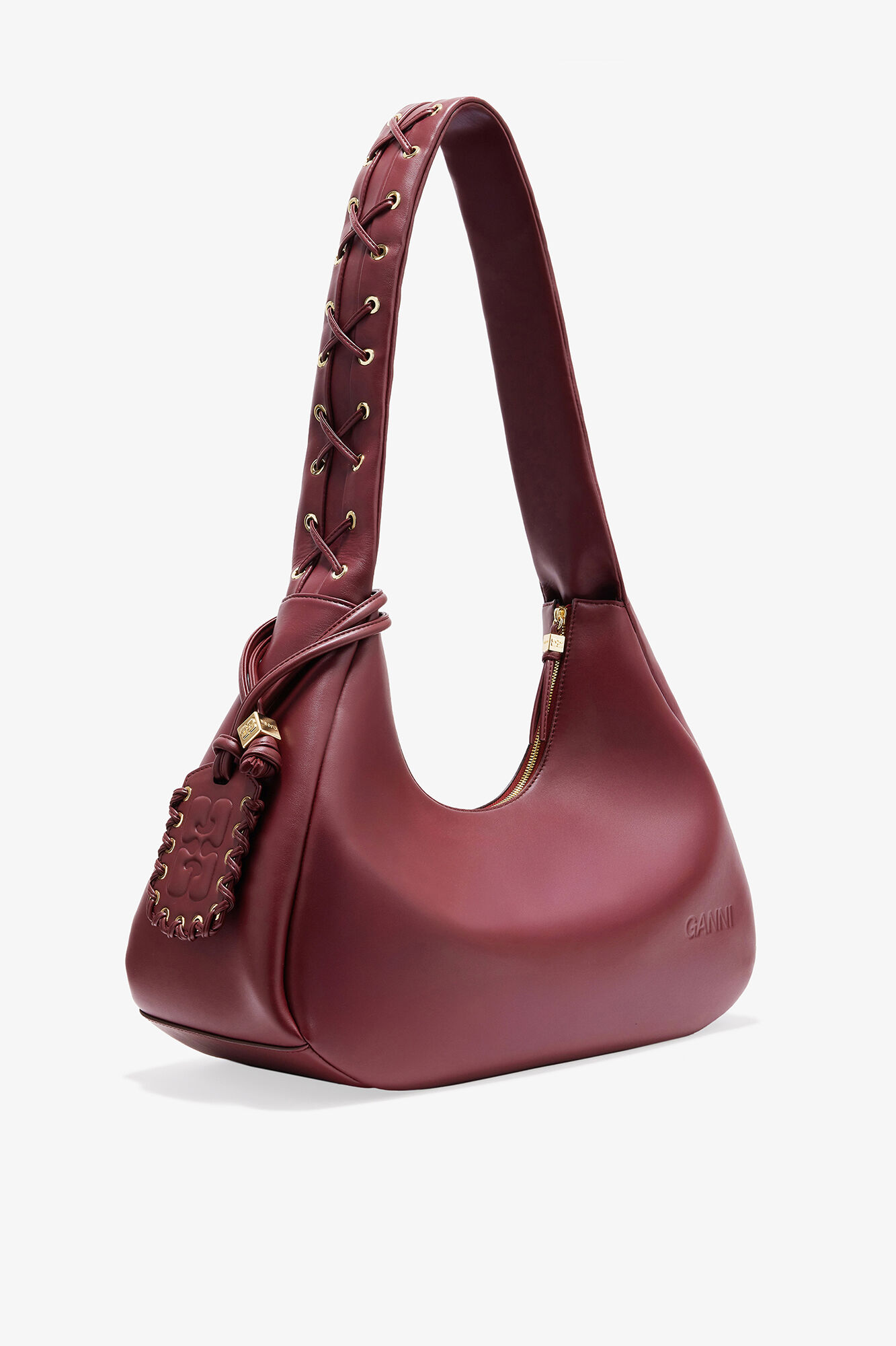 Burgundy Medium Laces Hobo Bag, Recycled Leather, in colour Burgundy - 2 - GANNI