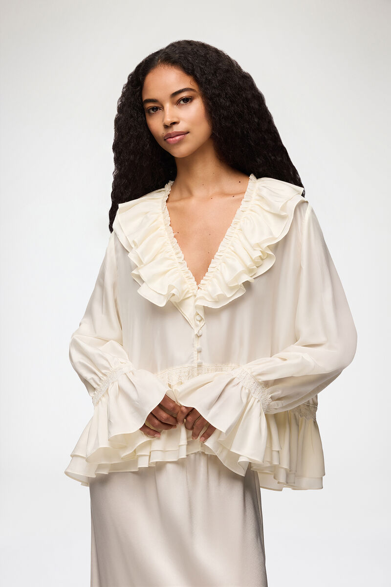 Blouse in Viscose Silk, Viscose, in colour Egret - 1 - GANNI