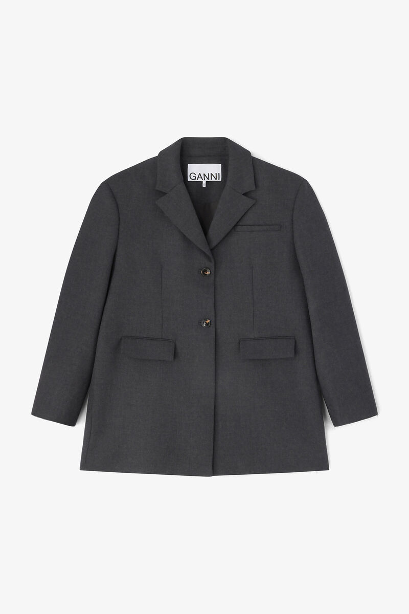 Grey Wool Suiting Blazer, Recycled Polyester, in colour Phantom - 1 - GANNI