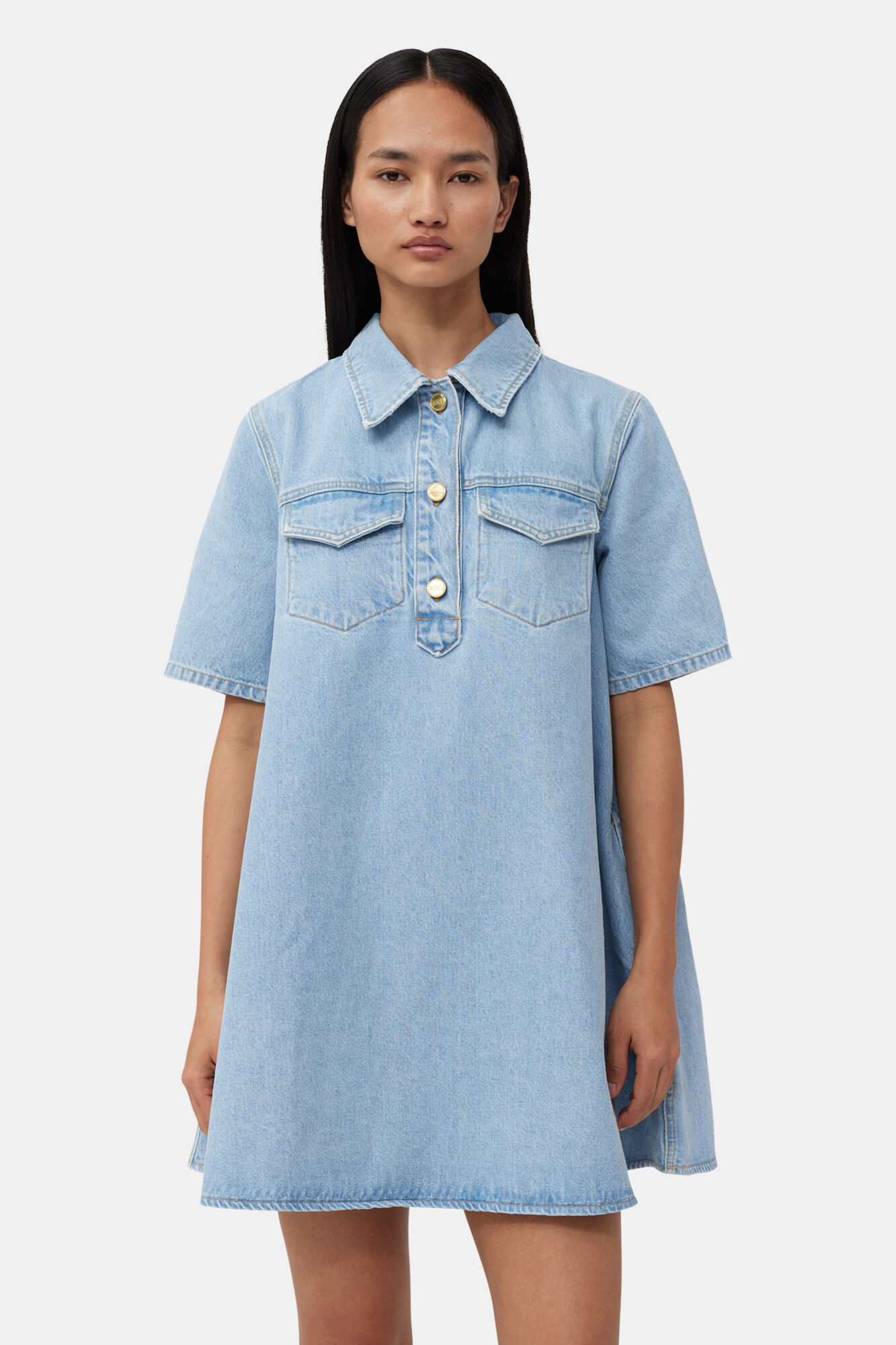 Light Blue Denim Mini Kleid, Cotton, in colour Mid Blue Vintage - 4 - GANNI
