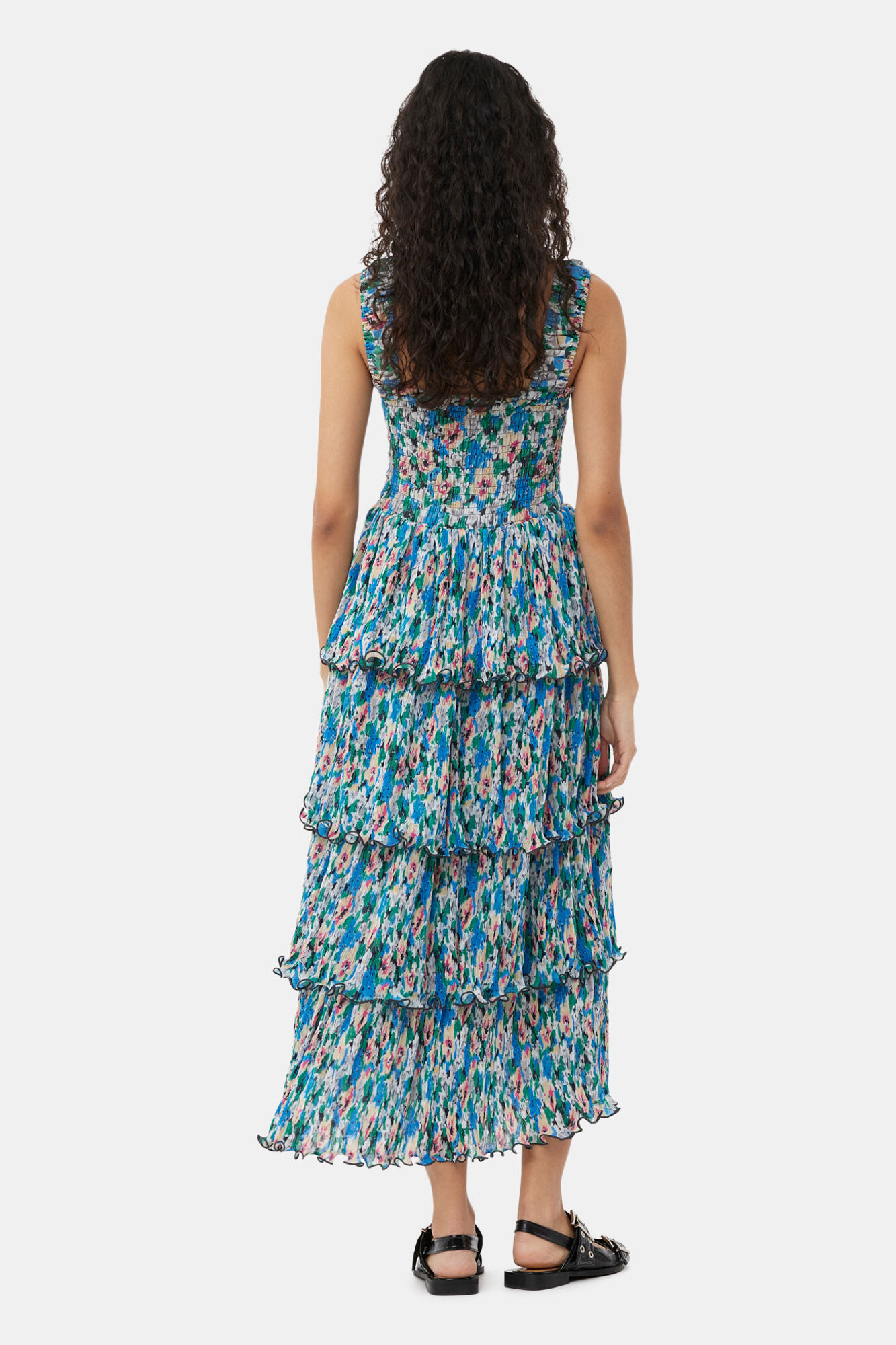 Pleated Georgette Smock Midi Dress, Recycled Polyester, in colour Floral Azure Blue - 2 - GANNI