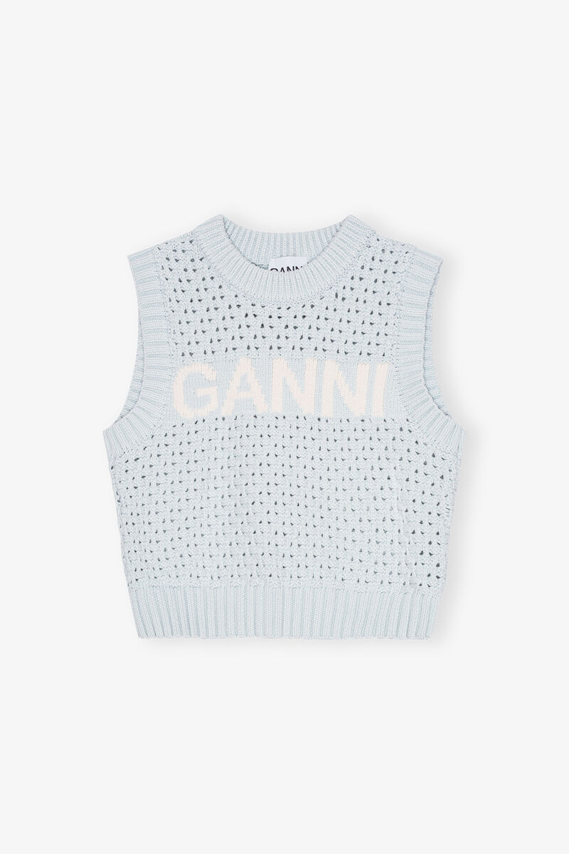 Blue Pointelle Vest, Organic Cotton, in colour Illusion Blue - 1 - GANNI