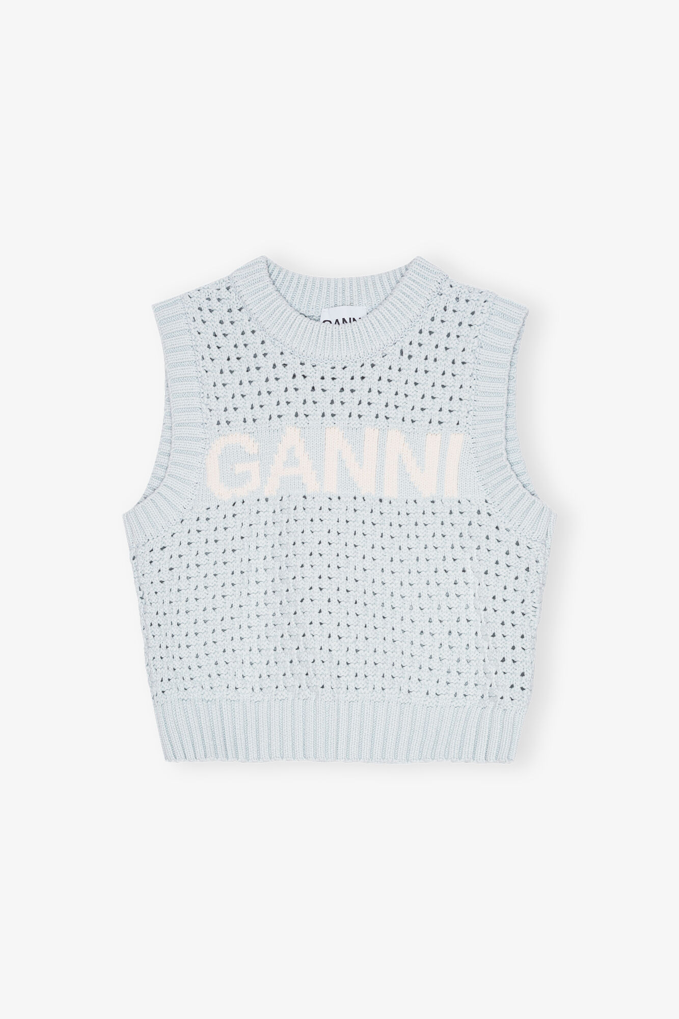 Blue Pointelle Vest, Organic Cotton, in colour Illusion Blue - 1 - GANNI