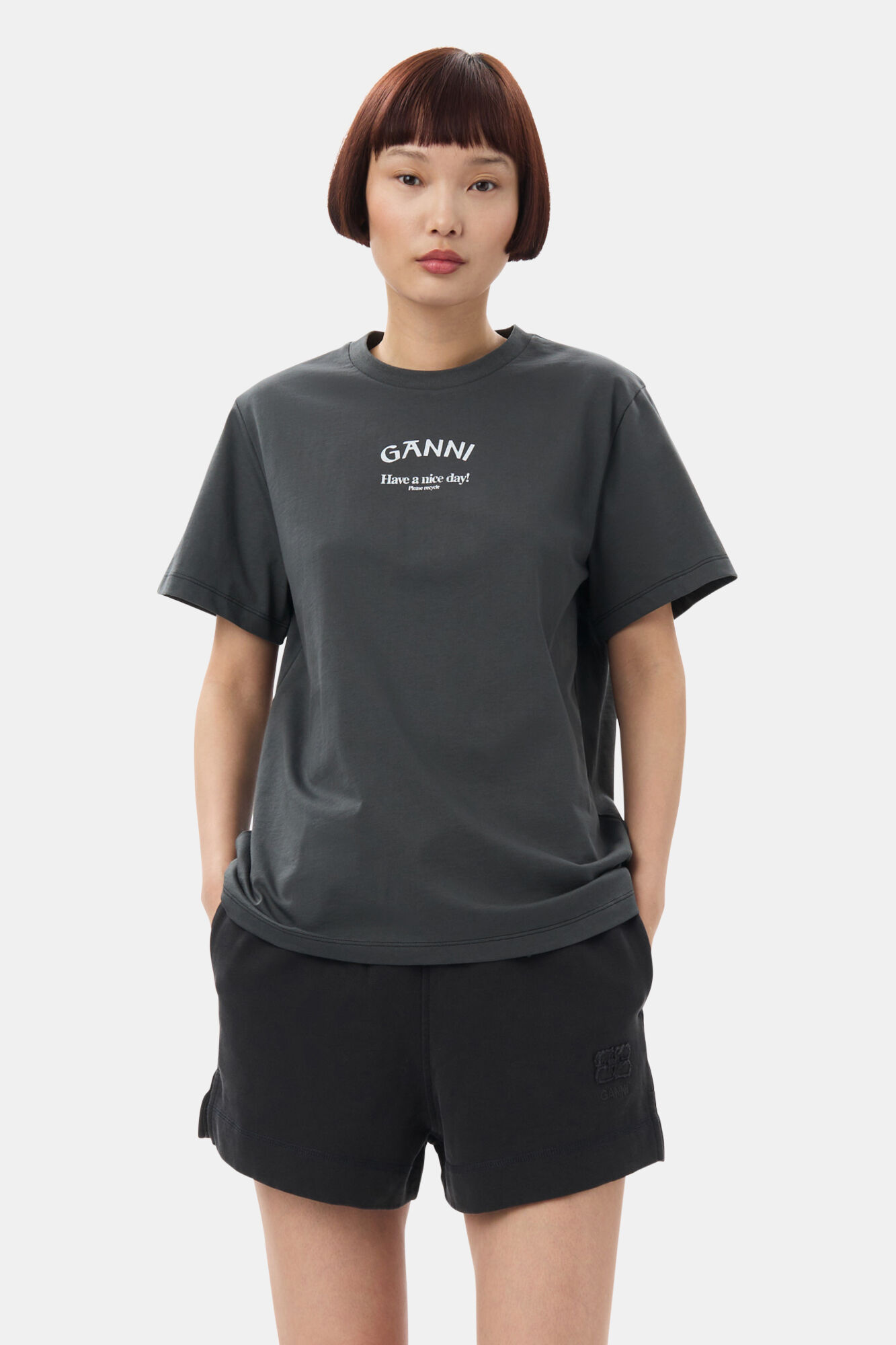 Relaxed Ganni T-shirt, Cotton, in colour Volcanic Ash - 1 - GANNI