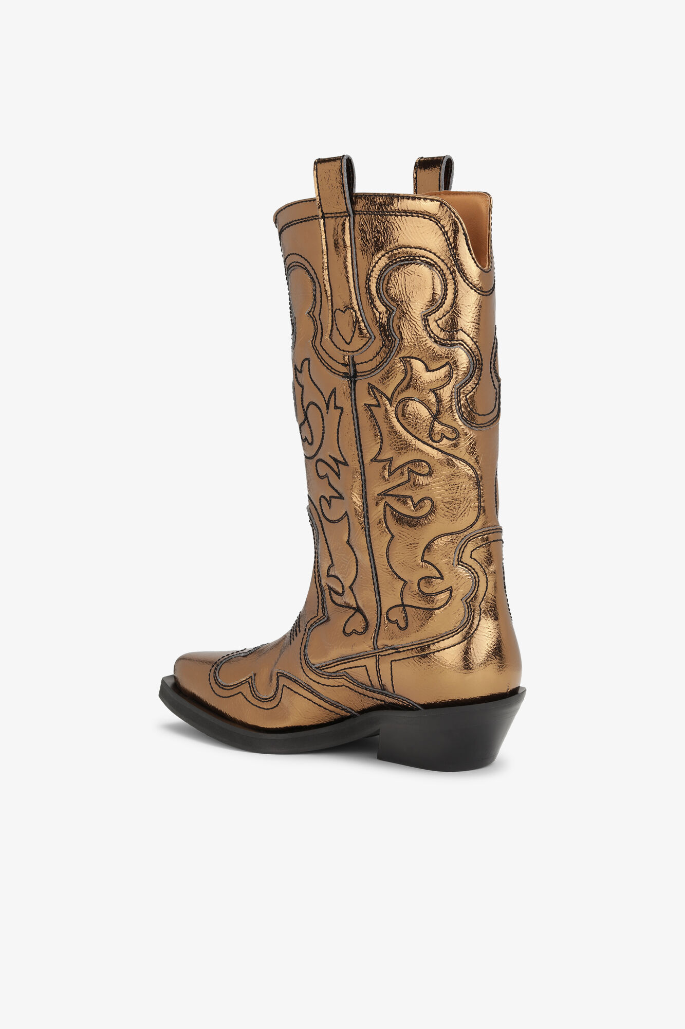 Gold Metallic Mid Shaft Embroidered Western Boots, Polyurethane, in colour Bronze - 3 - GANNI