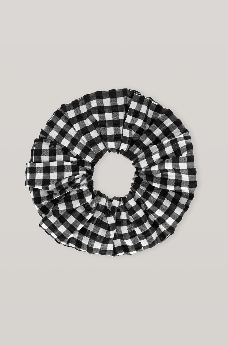 Monokrom rutig scrunchie i seersuckertyg, Cotton, in colour Black - 1 - GANNI