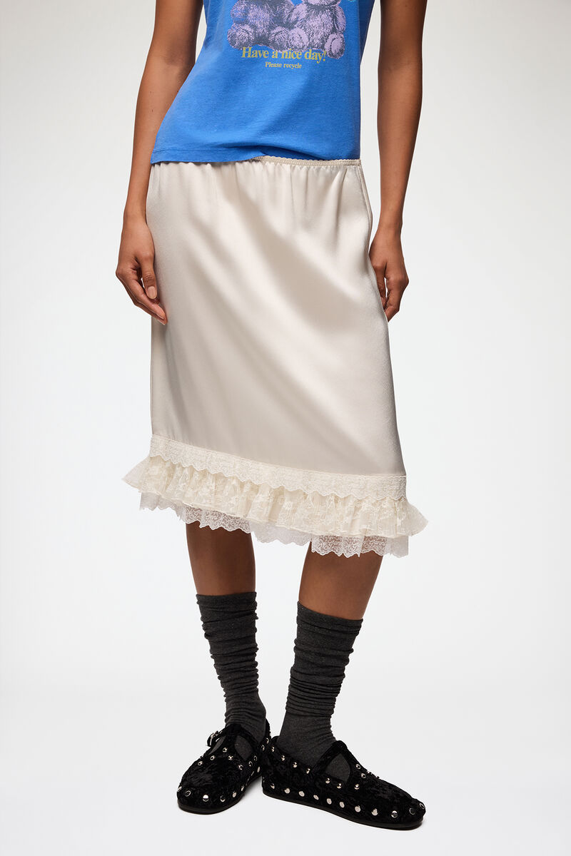 Skirt in Frill Satin, Acetate, in colour Egret - 2 - GANNI