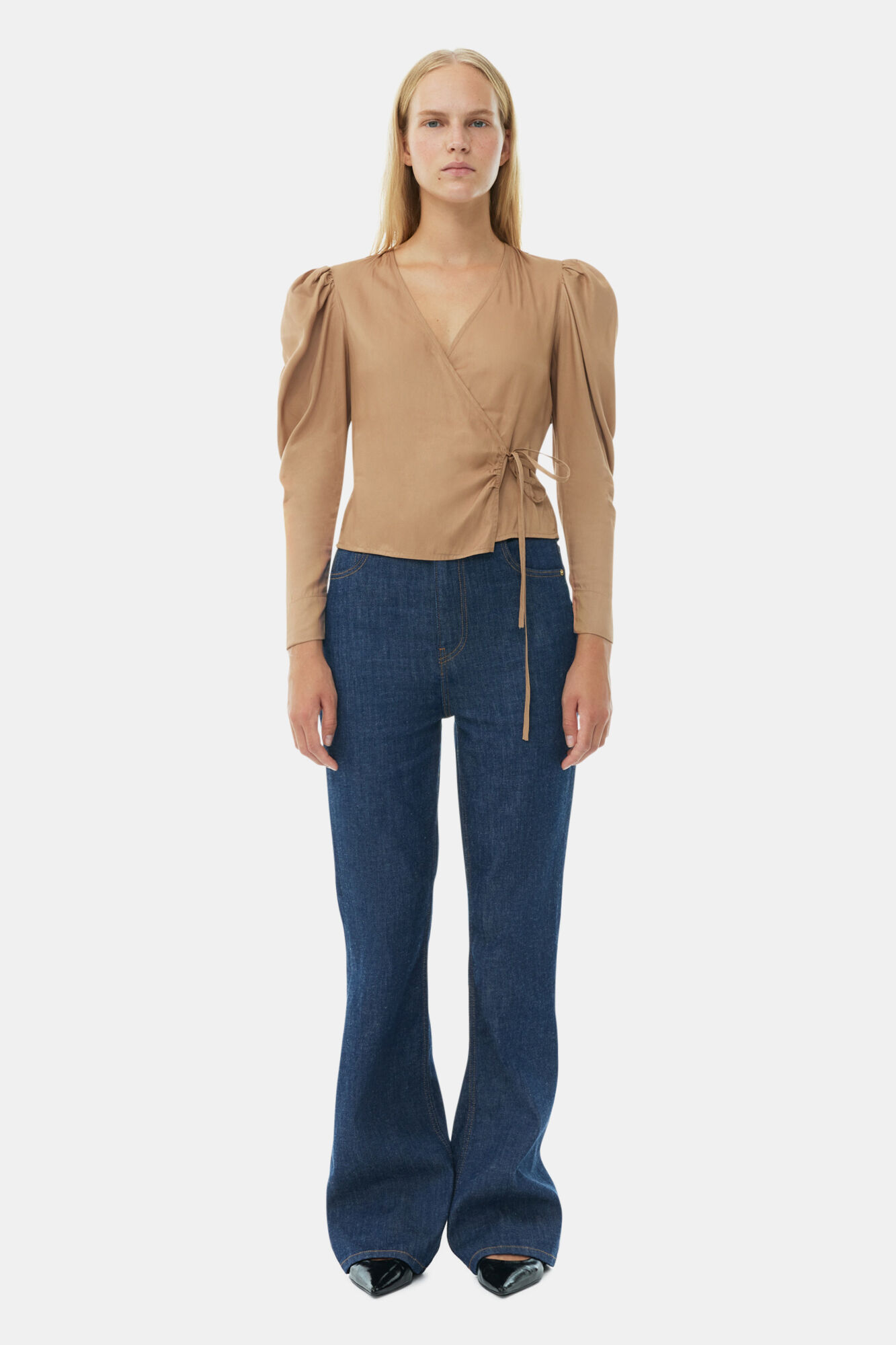 Brown Twill Wrap Blouse, Ecovero Viscose, in colour Tiger's Eye - 2 - GANNI
