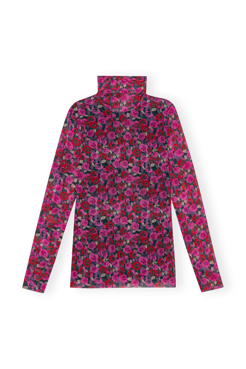 Floral Mesh Long Sleeve Roll Neck-bluse, Recycled Nylon, in colour Fiji Flower - 1 - GANNI
