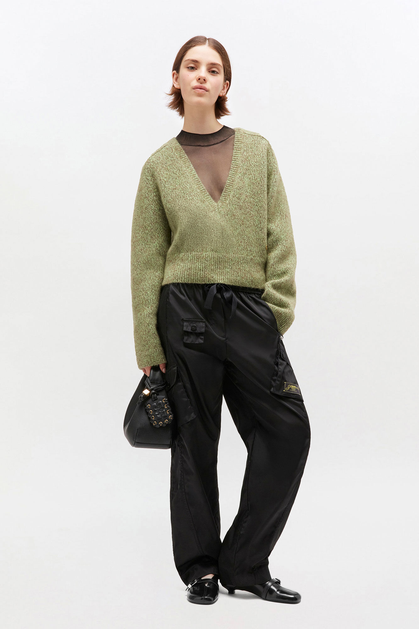 Green V-neck Sweater, Mohair, in colour Nile - 2 - GANNI