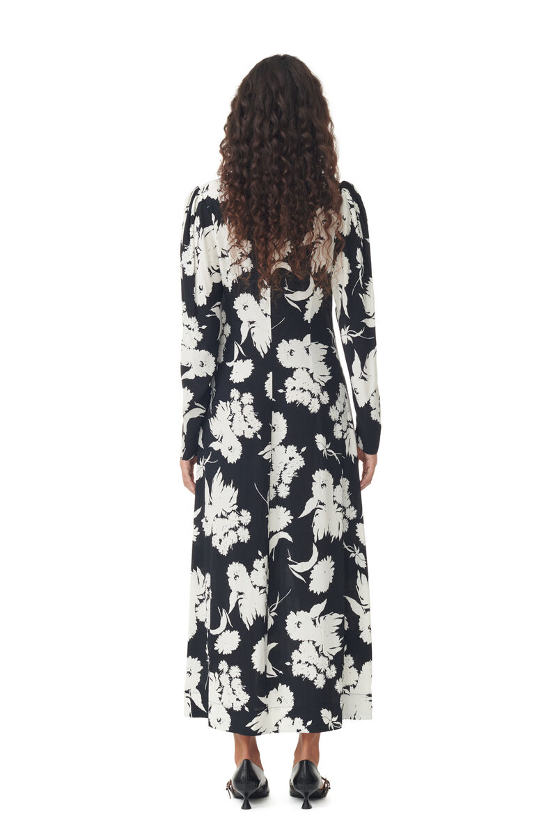 Printed Crepe V-neck Dress, LENZING™ ECOVERO™, in colour Black - 4 - GANNI