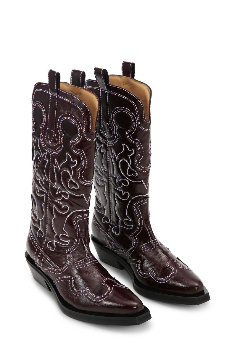 Burgundy Mid Shaft Embroidered Western Boots, Polyester, in colour Burgundy - 2 - GANNI