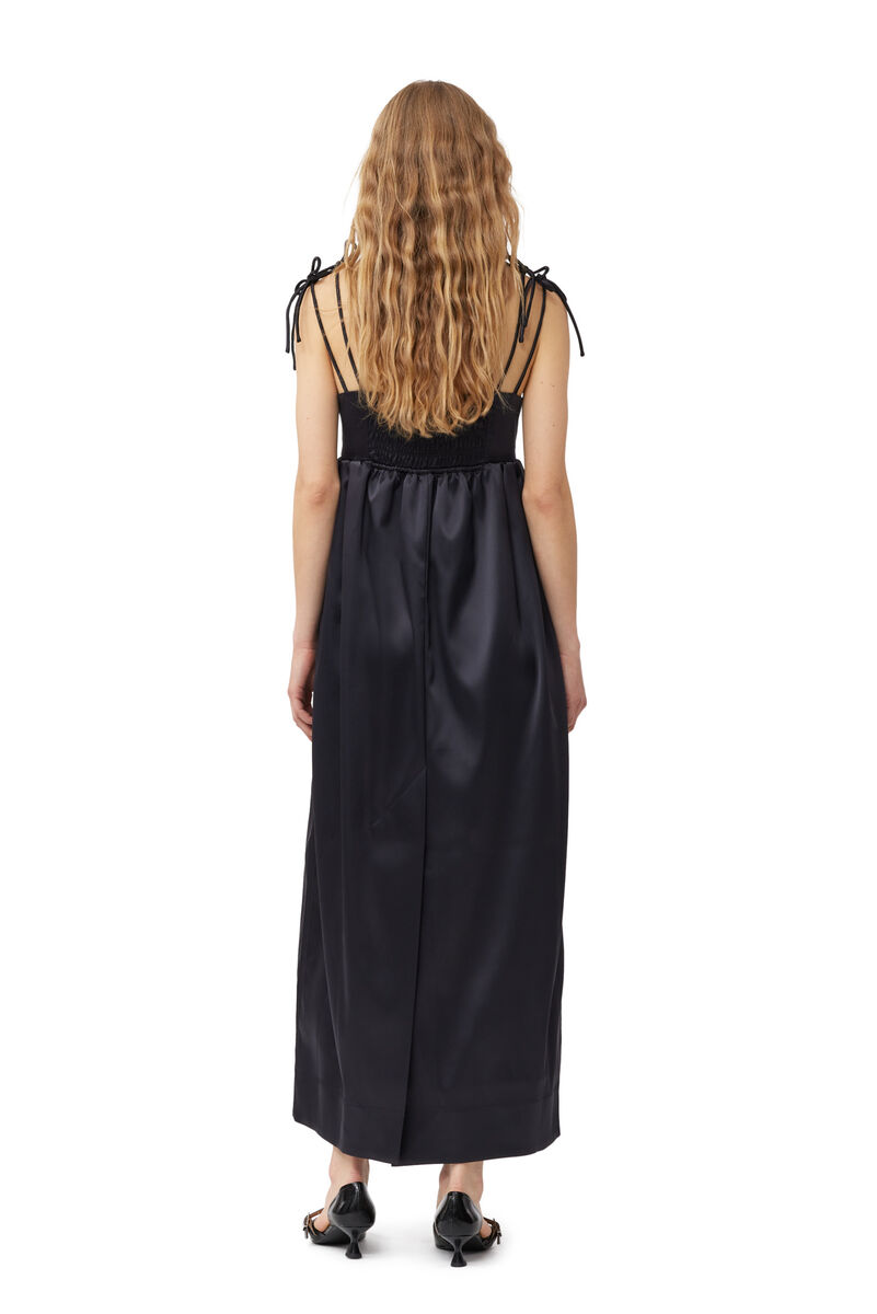 Black Double Satin String Long Dress, Elastane, in colour Black - 2 - GANNI