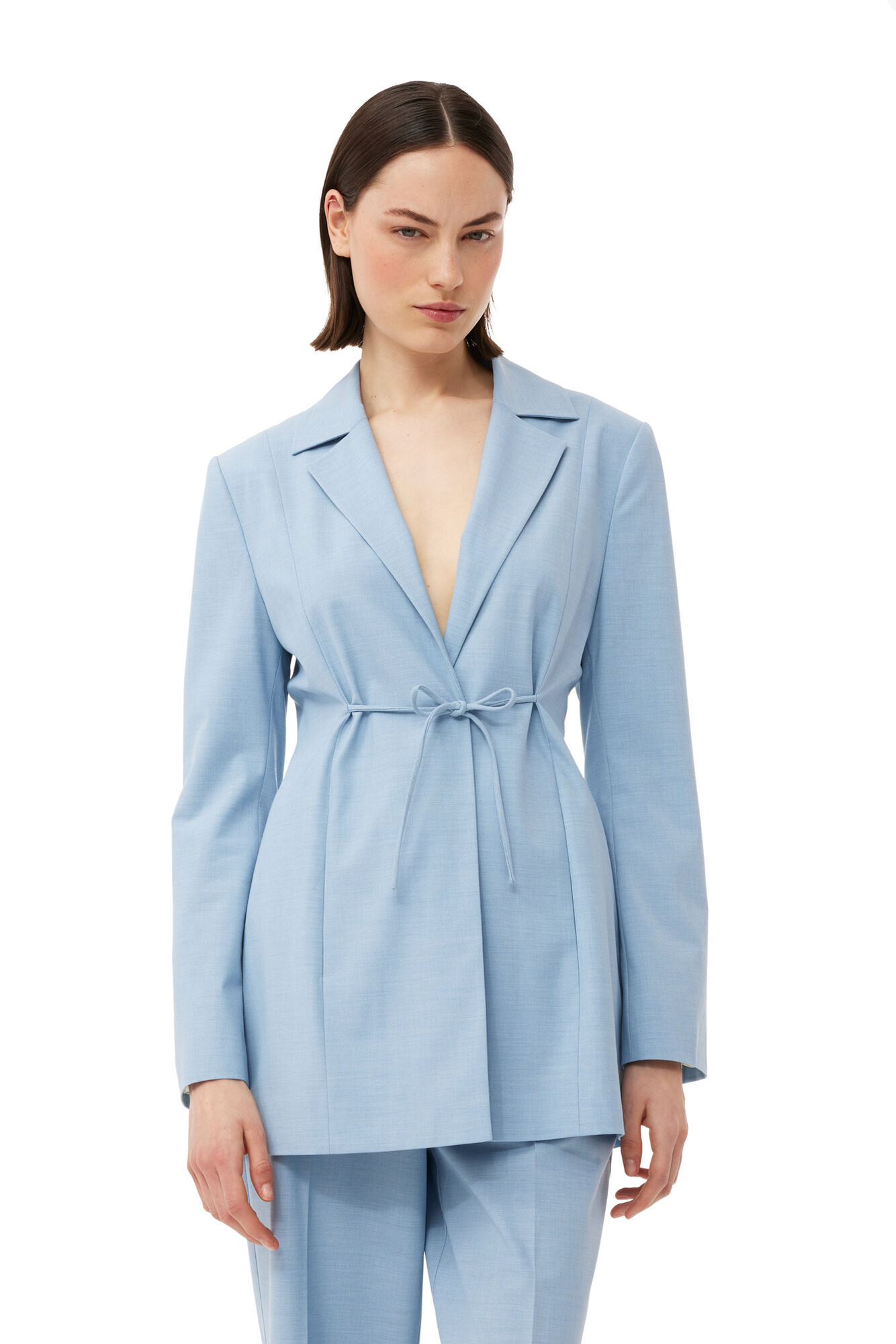 Blue Drapey Melange Tiestring Blazer, Elastane, in colour Powder Blue - 4 - GANNI