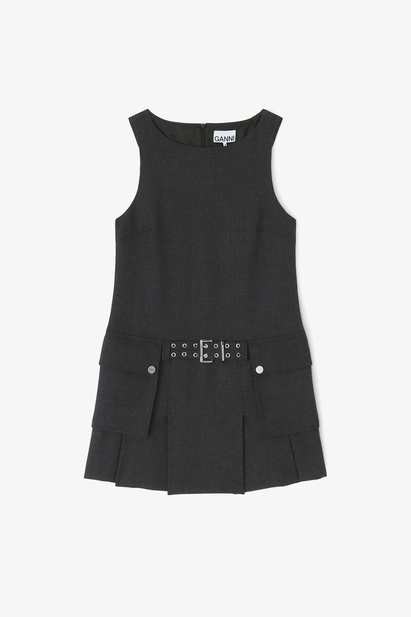 Grey Wool Mini Dress, Recycled Polyester, in colour Phantom - 1 - GANNI