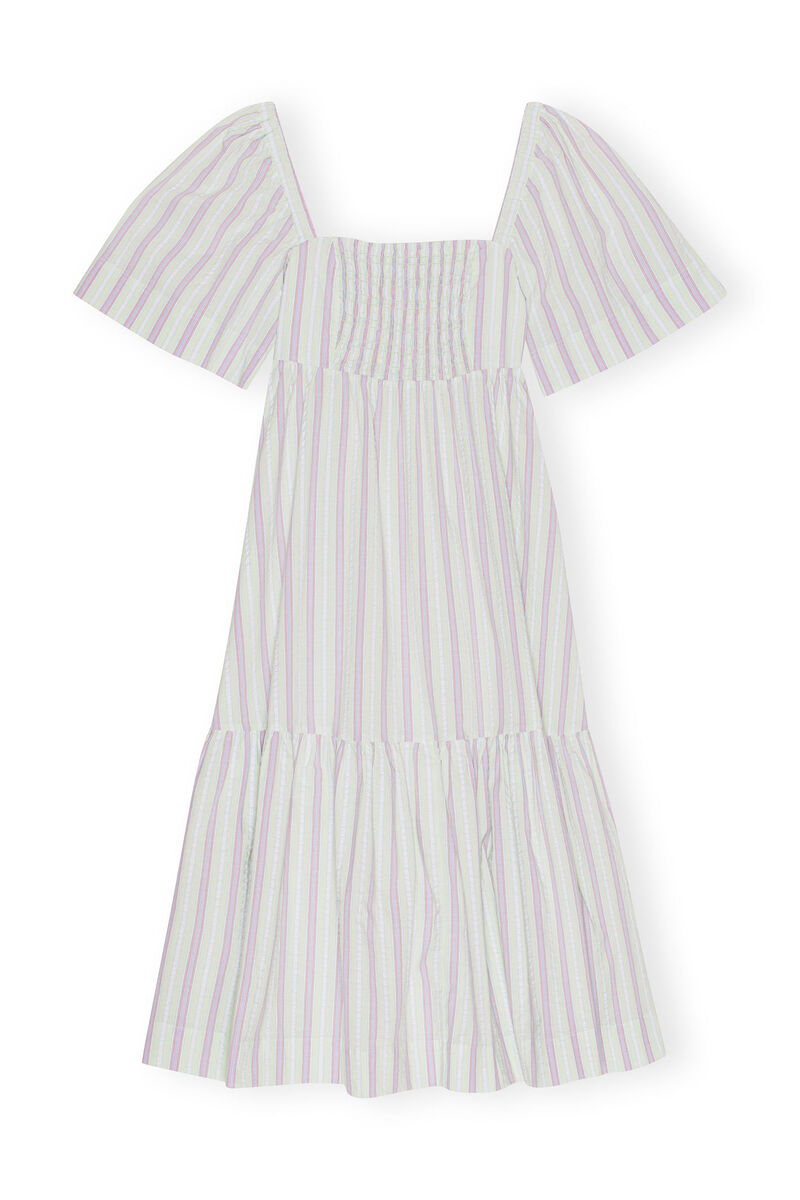 Stripe Seersucker Ruffle Midi Dress, Elastane, in colour Mauve Chalk - 1 - GANNI