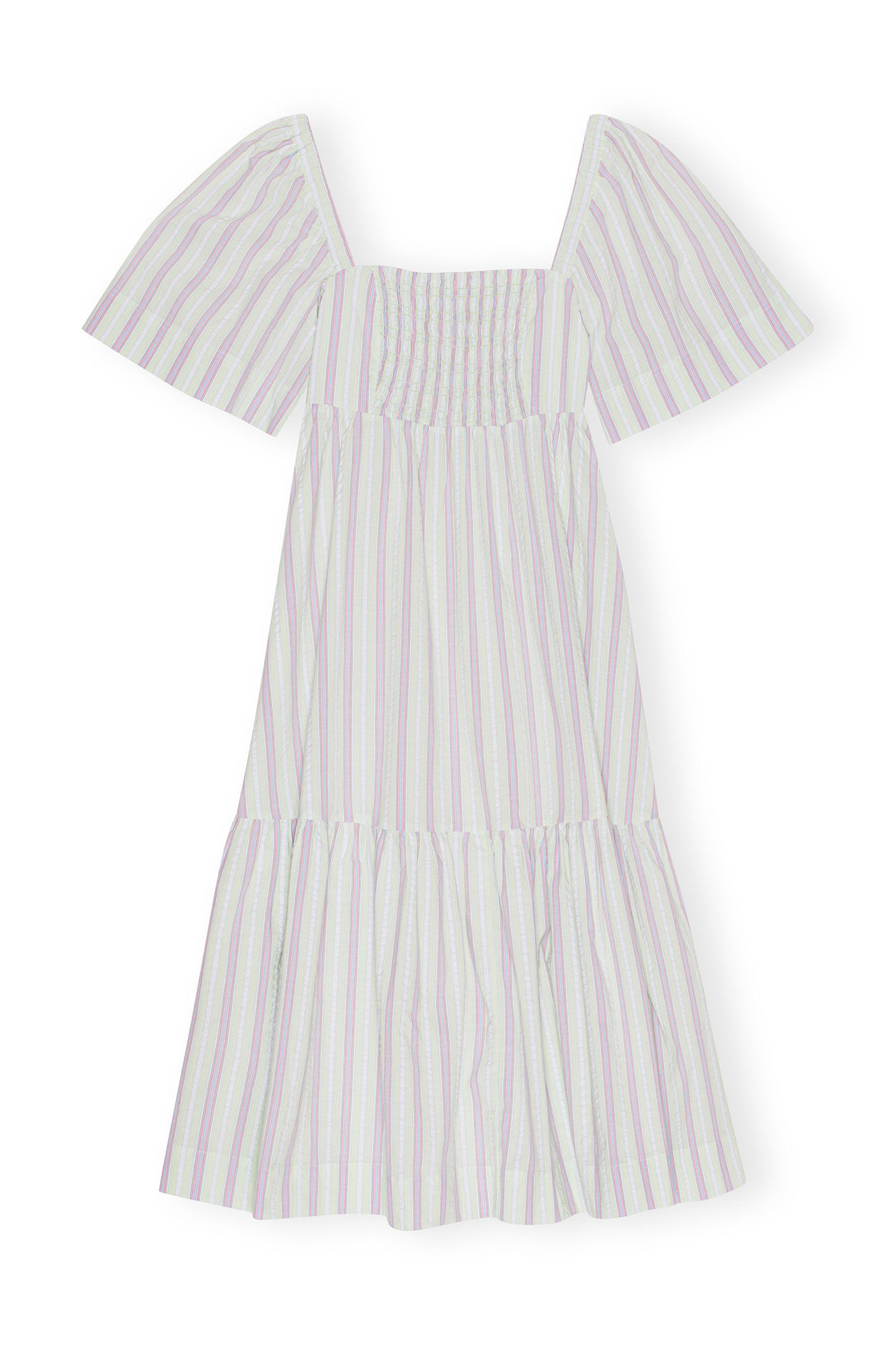 Stripe Seersucker Ruffle Midi Dress, Elastane, in colour Mauve Chalk - 1 - GANNI