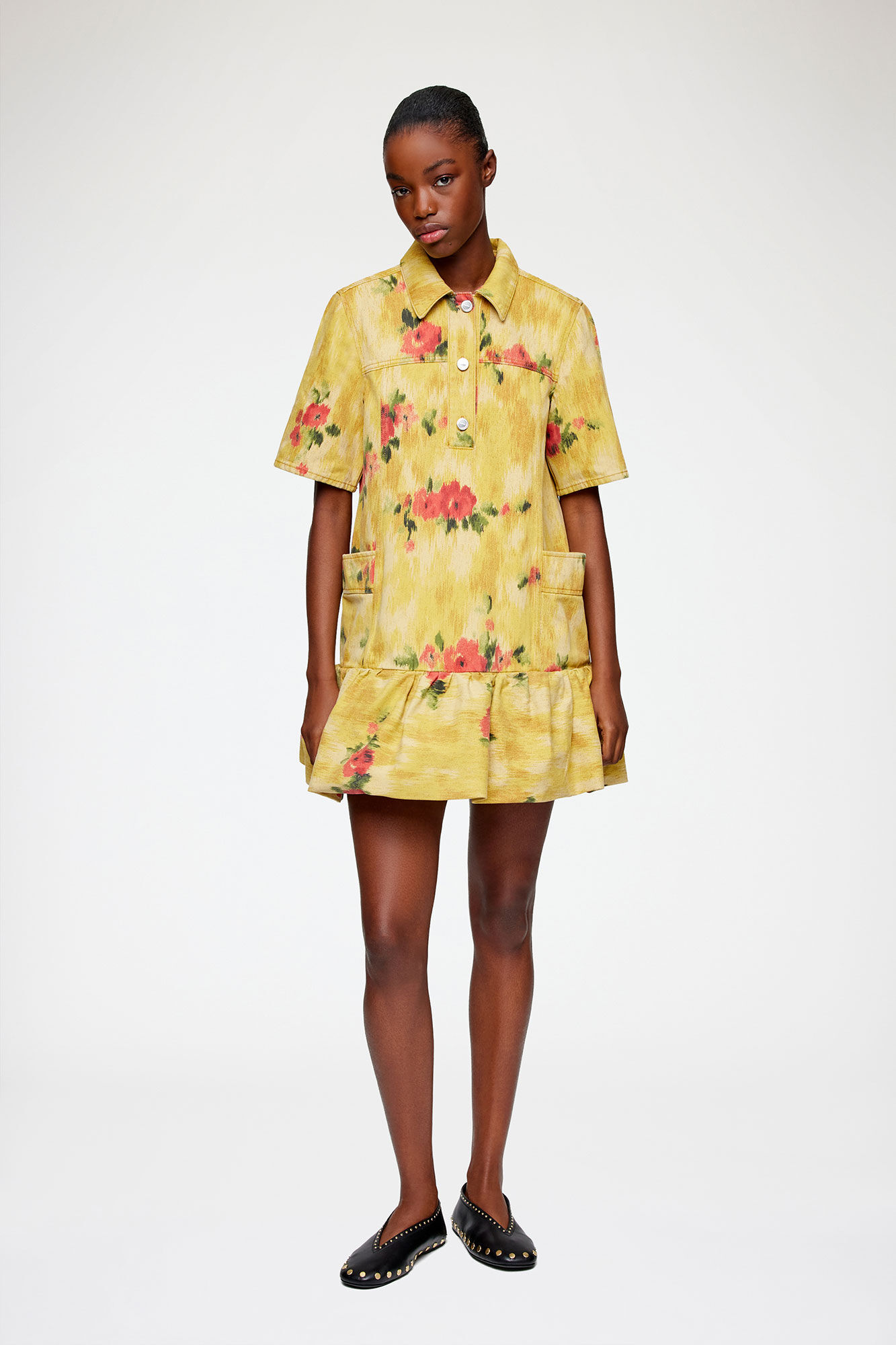Vibrant Yellow Dress in Yellow Printed Denim | GANNI (Global) AS