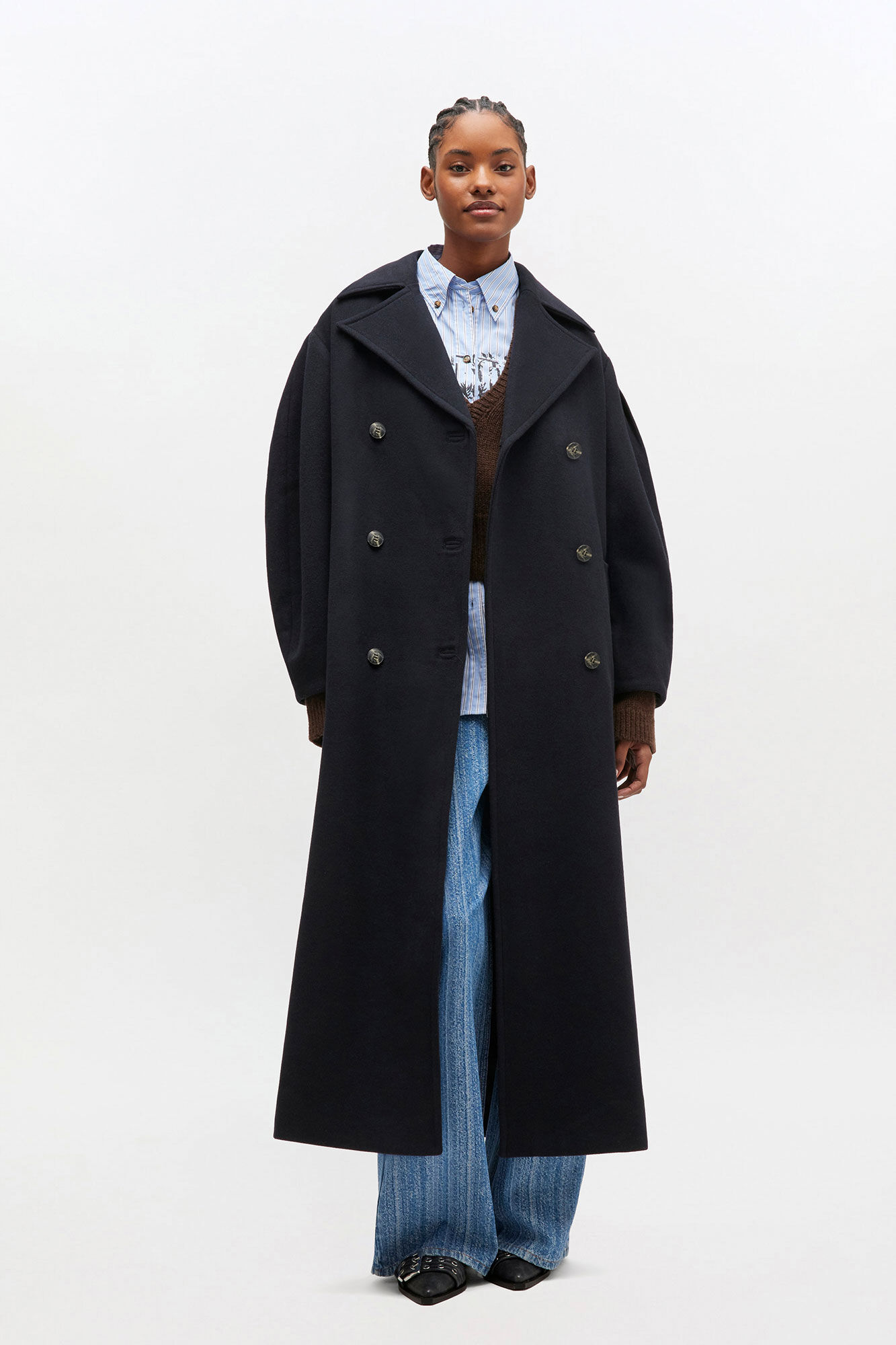 Caban long en laine bleu foncé, Nylon, in colour Sky Captain - 1 - GANNI