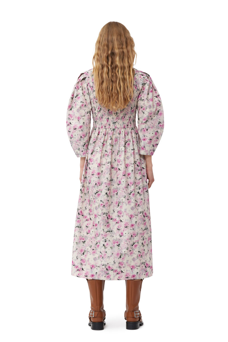 Printed Cotton Open-neck Smock Long Dress, Cotton, in colour Orchid Smoke - 2 - GANNI