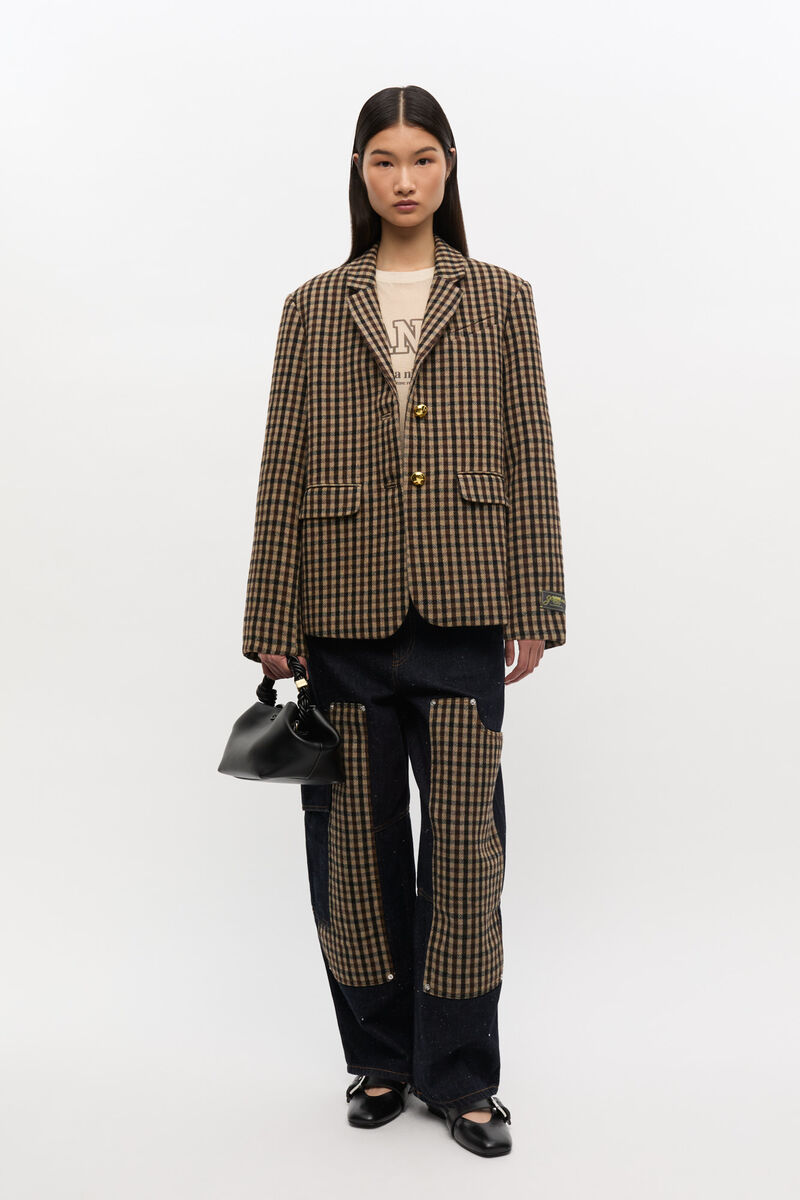 Check Wool Blazer, Recycled Polyester, in colour Chicory Coffee - 2 - GANNI
