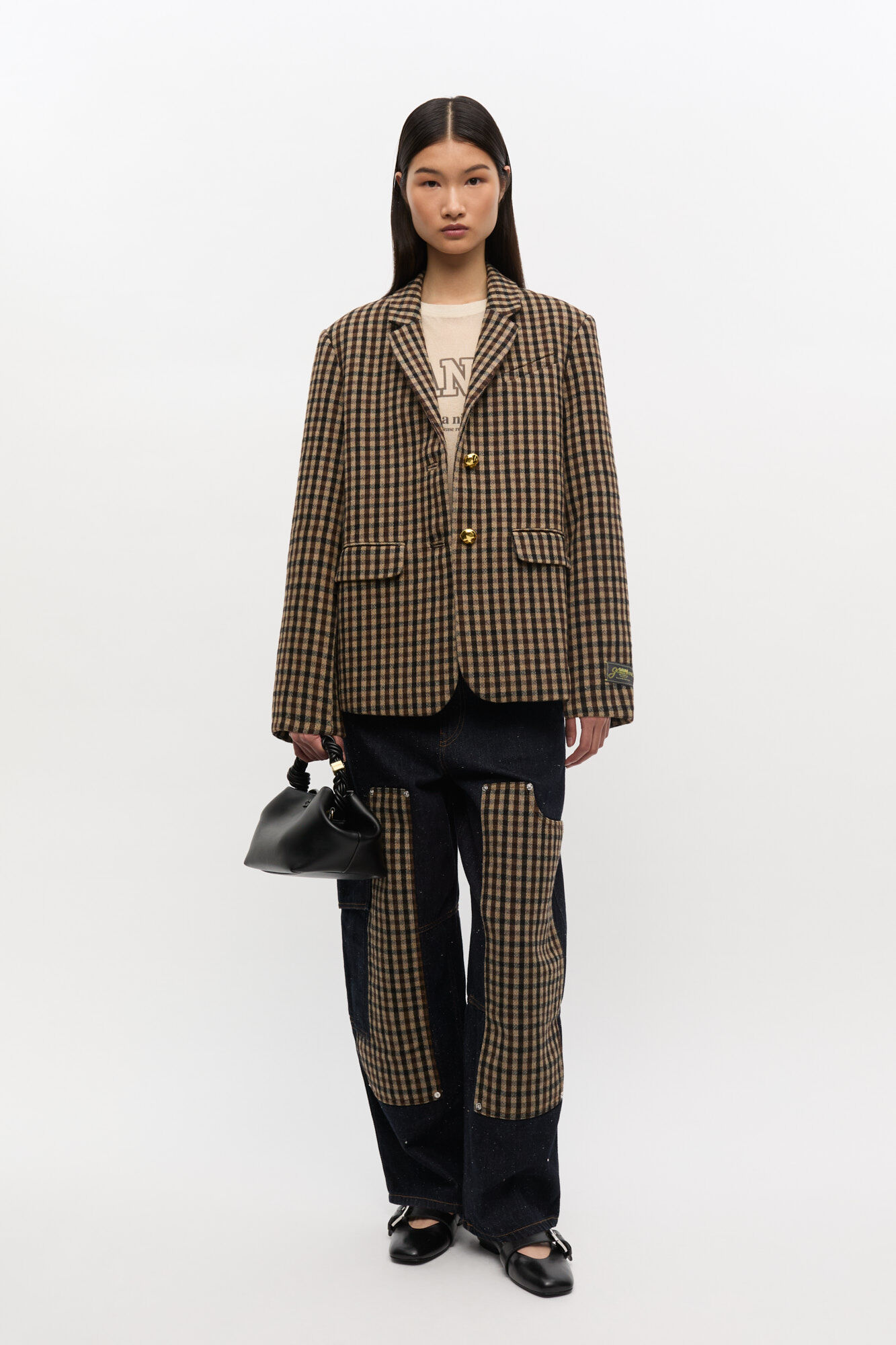 Check Wool Blazer, Recycled Polyester, in colour Chicory Coffee - 2 - GANNI