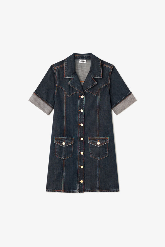 Mini Dress in Textured Slub Denim, Dark Blue Vintage