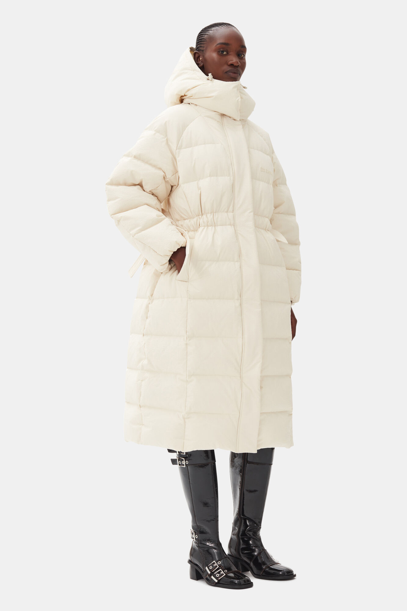White Tech Puffer Coat, Recycled Polyester, in colour Tofu - 3 - GANNI