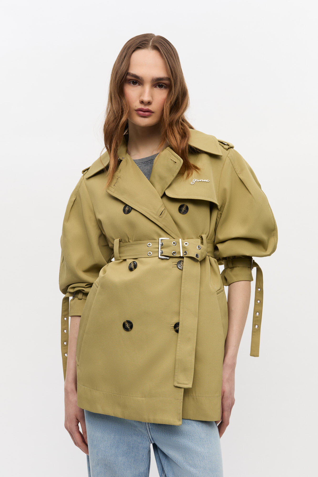 Beige Heavy Twill Midi Trench Coat, Recycled Polyester, in colour Boa - 1 - GANNI