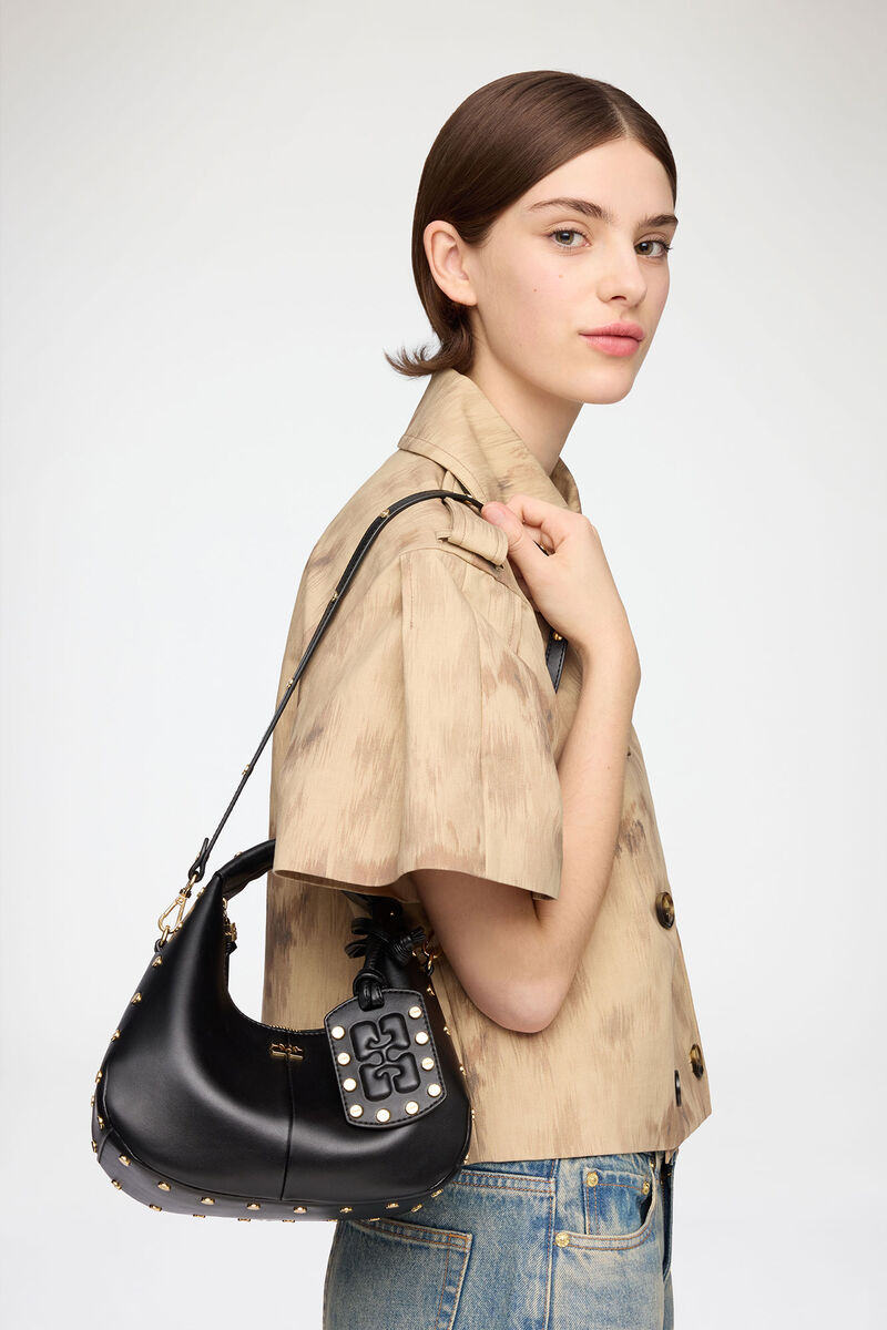 Mini Hobo Bag Studs in Black, Recycled Leather, in colour Black - 1 - GANNI