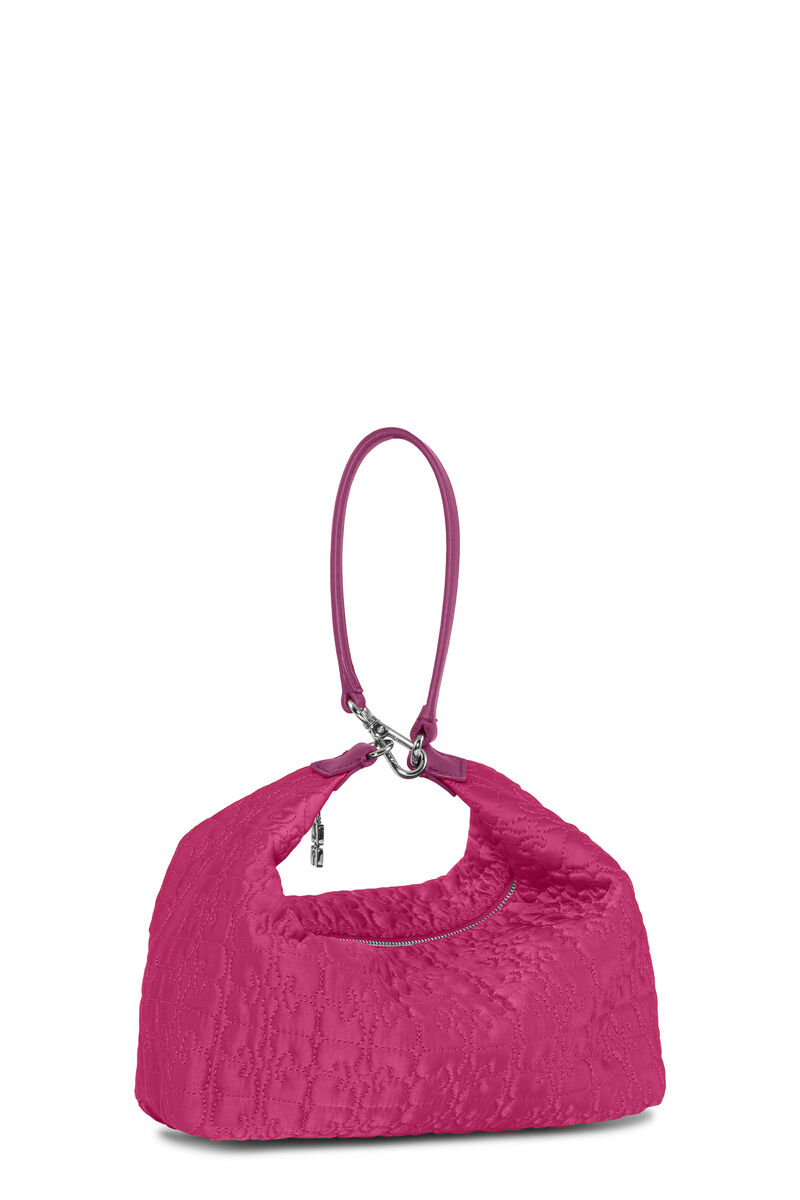 Pink Medium Butterfly Pouch Satin Bag, Recycled Polyester, in colour Shocking Pink - 3 - GANNI