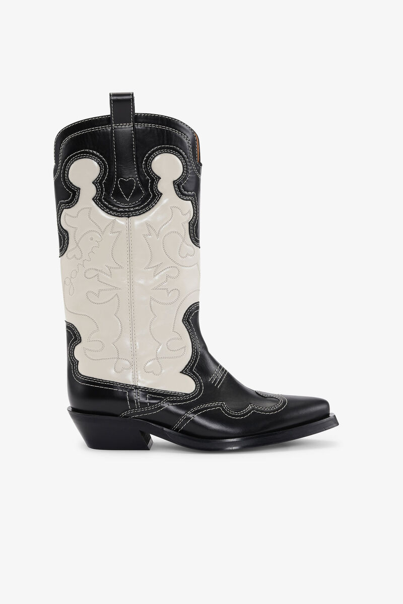 Black/White Mid Shaft Embroidered Western Boots, Calf Leather, in colour Black/Egret - 1 - GANNI