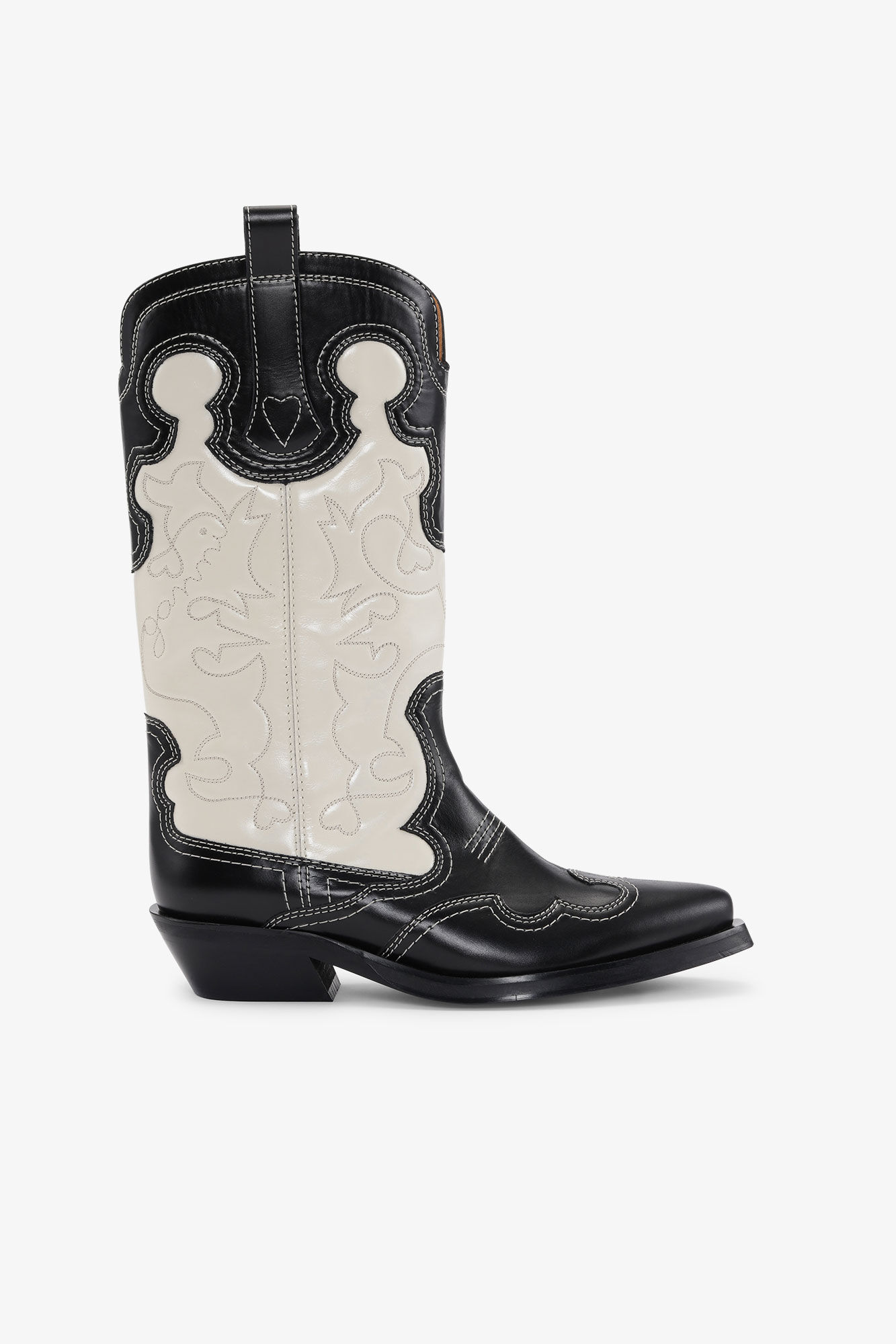 Black/White Mid Shaft Embroidered Western Boots, Calf Leather, in colour Black/Egret - 1 - GANNI