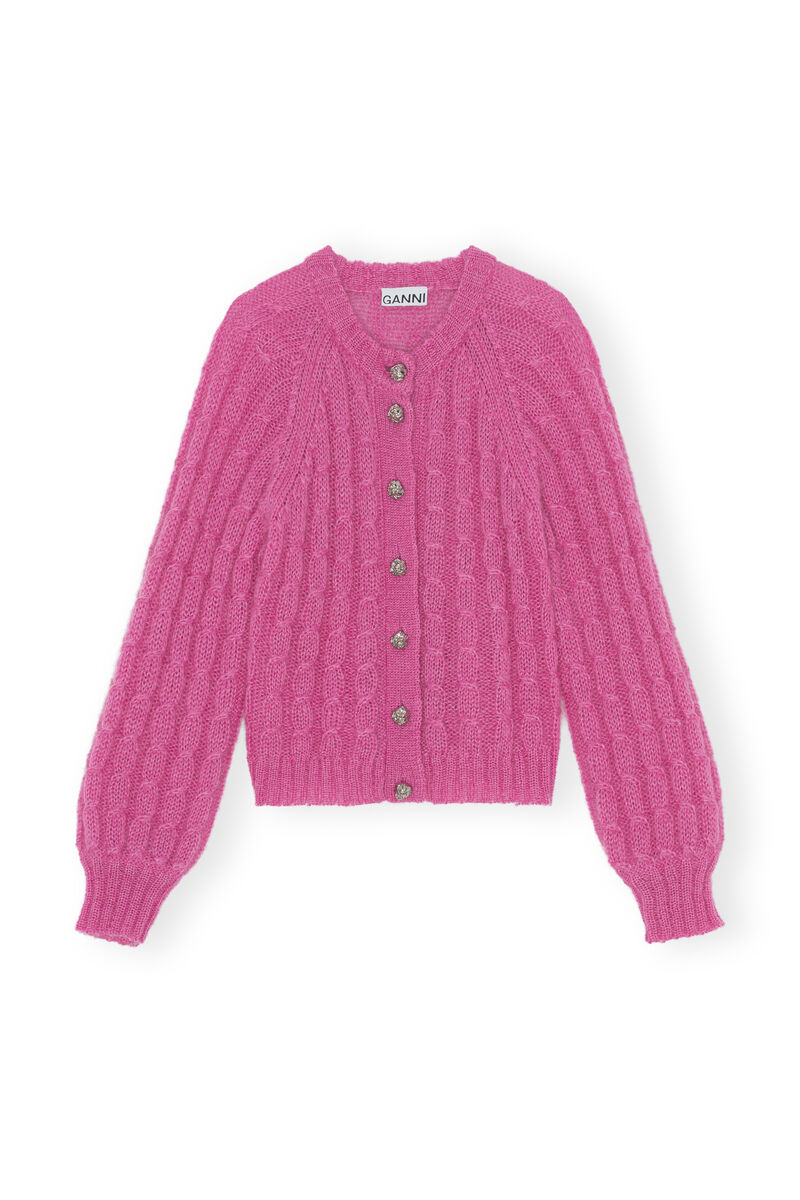 Relaxed Mohair Cardigan, Merino Wool, in colour Phlox Pink - 1 - GANNI