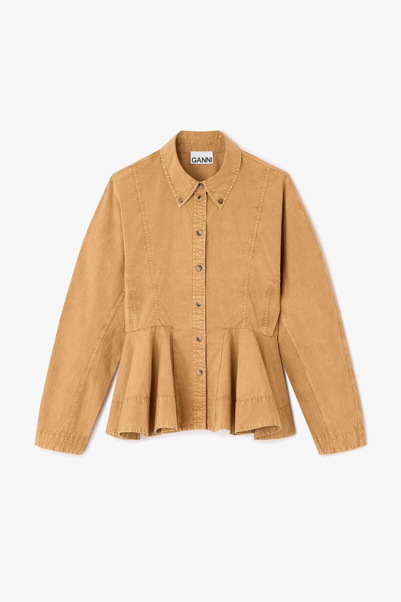 Beige Washed Peplum Shirt, Organic Cotton, in colour Lark - 1 - GANNI