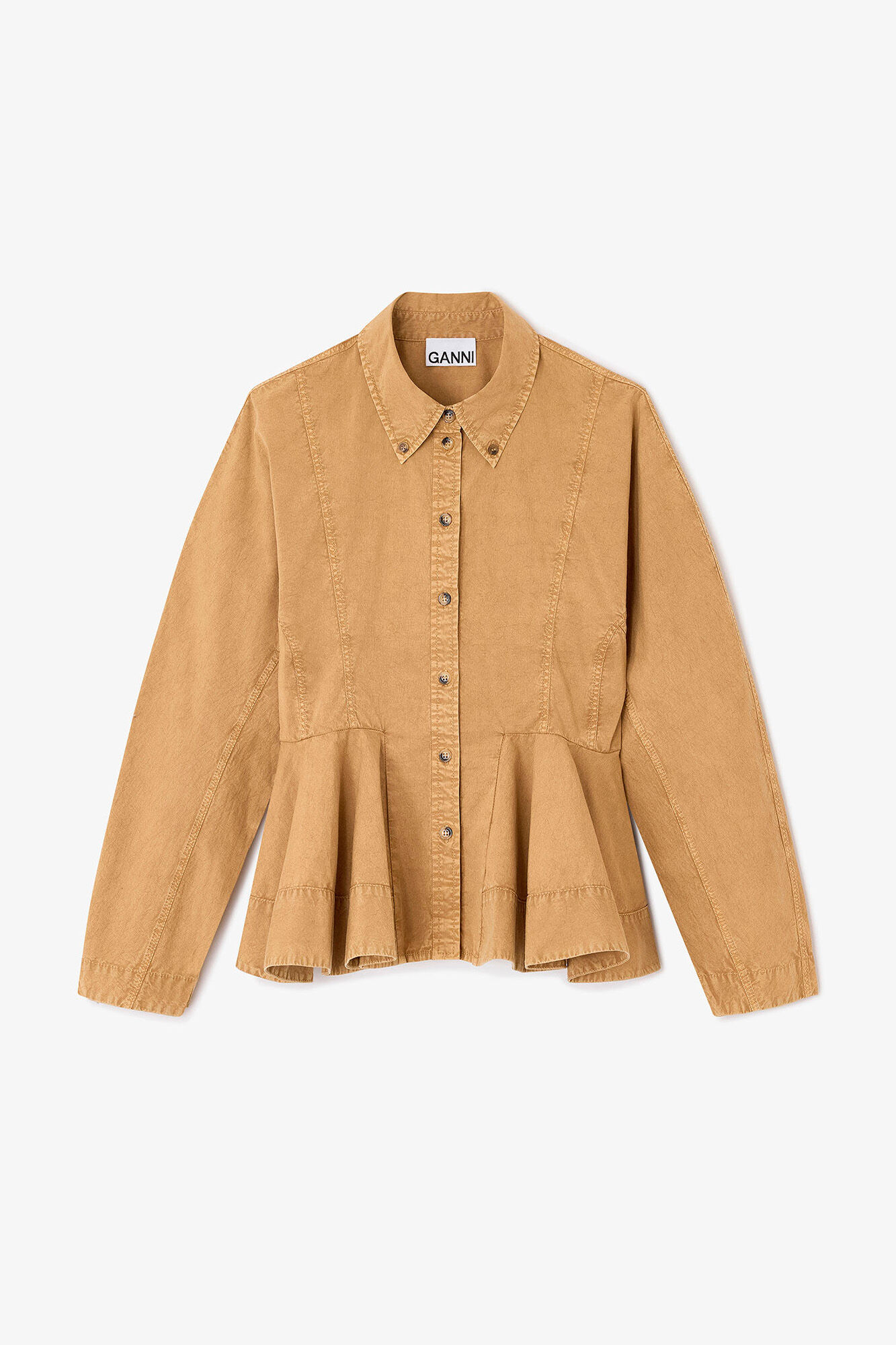 Beige Washed Peplum Shirt, Organic Cotton, in colour Lark - 1 - GANNI