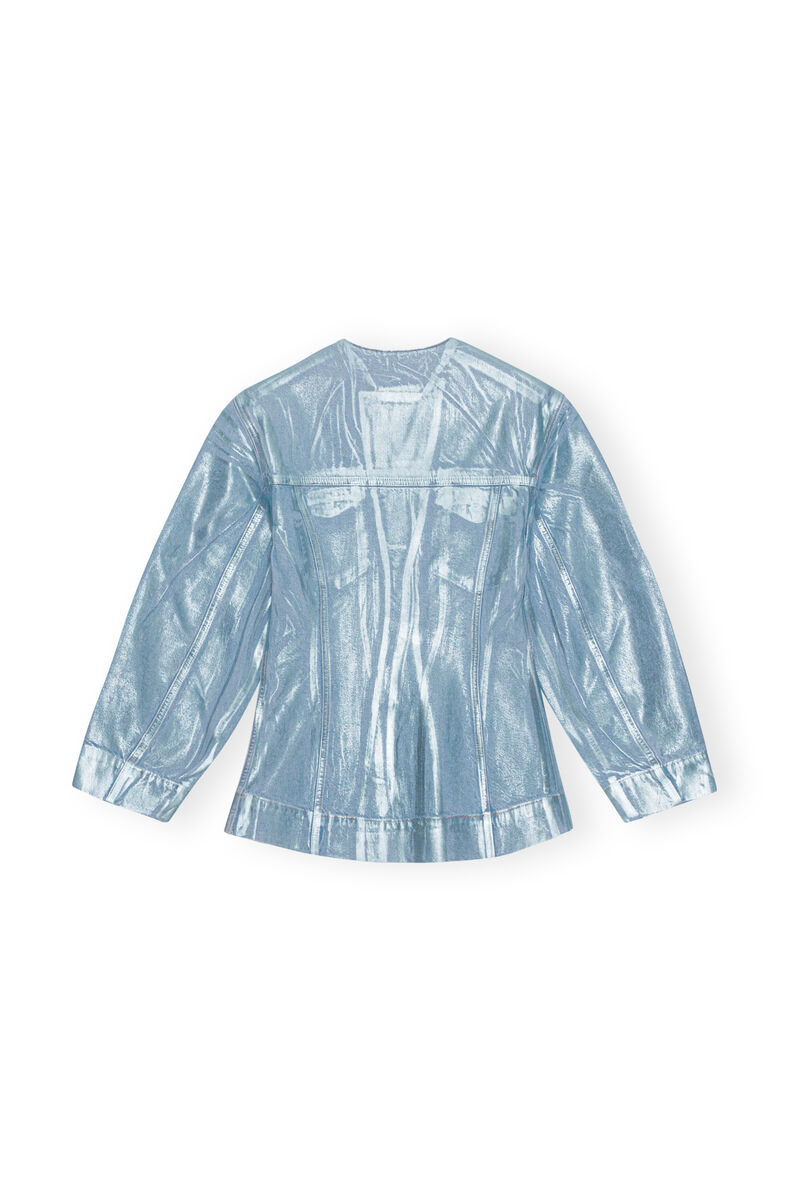 Blue Foil Denim Fitted Blazer, Cotton, in colour Heather - 2 - GANNI
