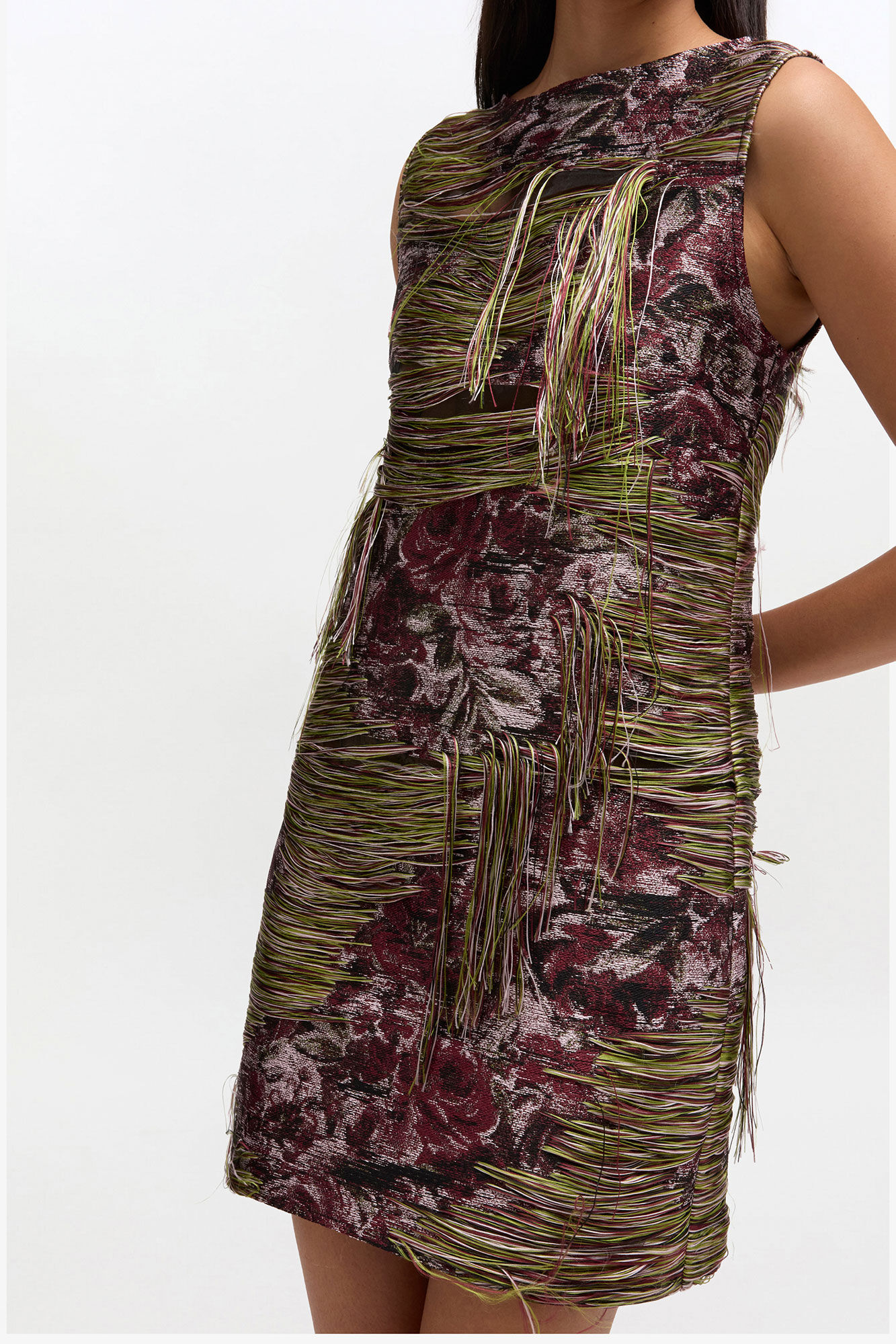 Tapestry Fringed Mini Dress, Polyester, in colour Tawny Port - 3 - GANNI