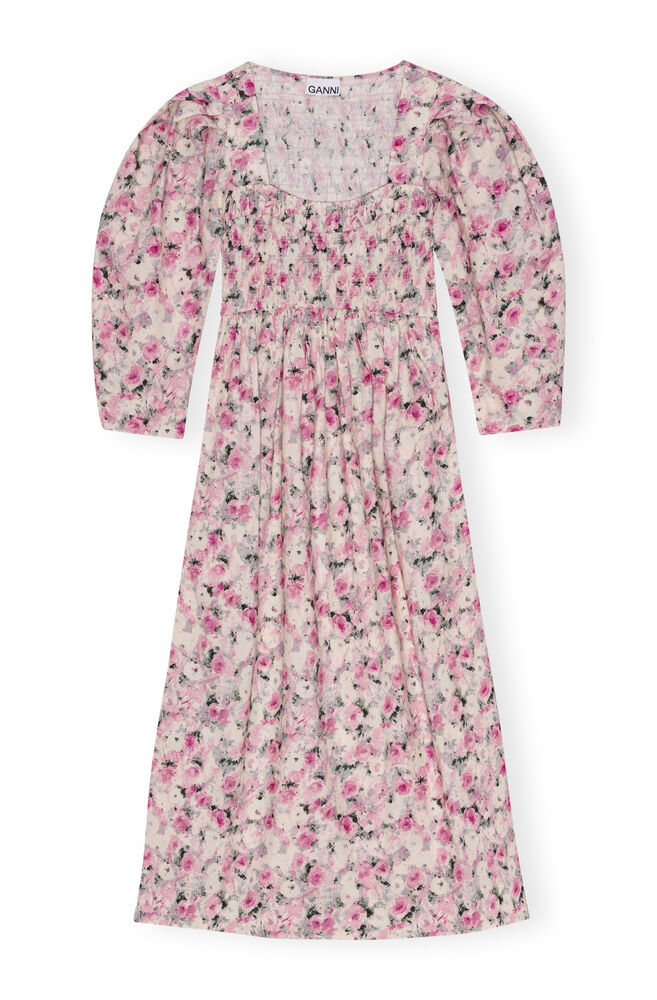 Printed Cotton Open-neck Smock Long Dress