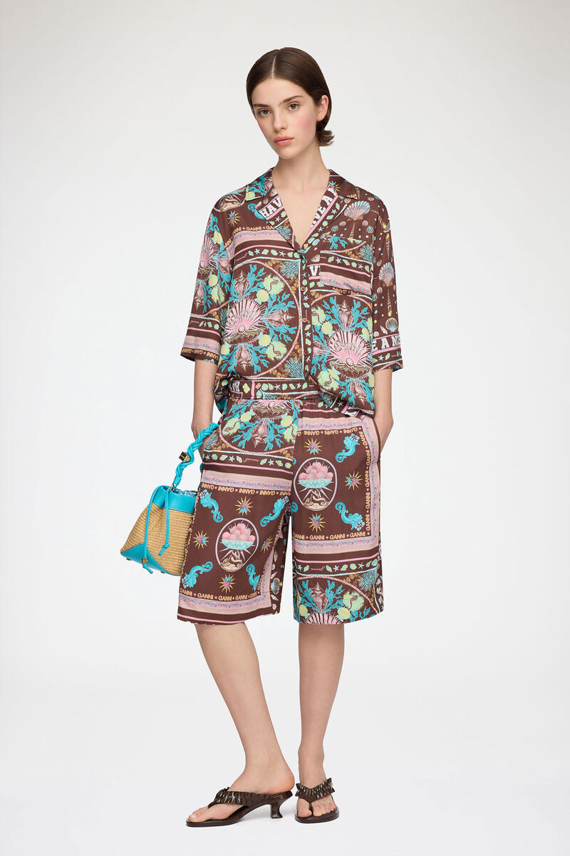 プリンテッドツイル シャツ, Viscose, in colour Chicory Coffee - 2 - GANNI