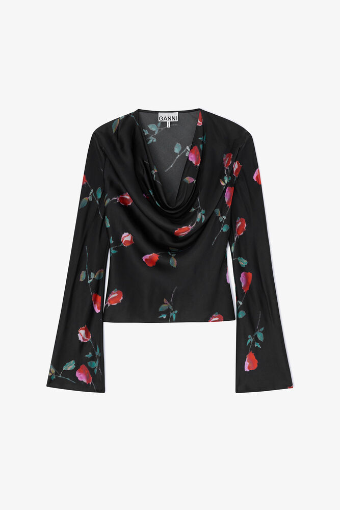 Printed Satin Blouse, Black