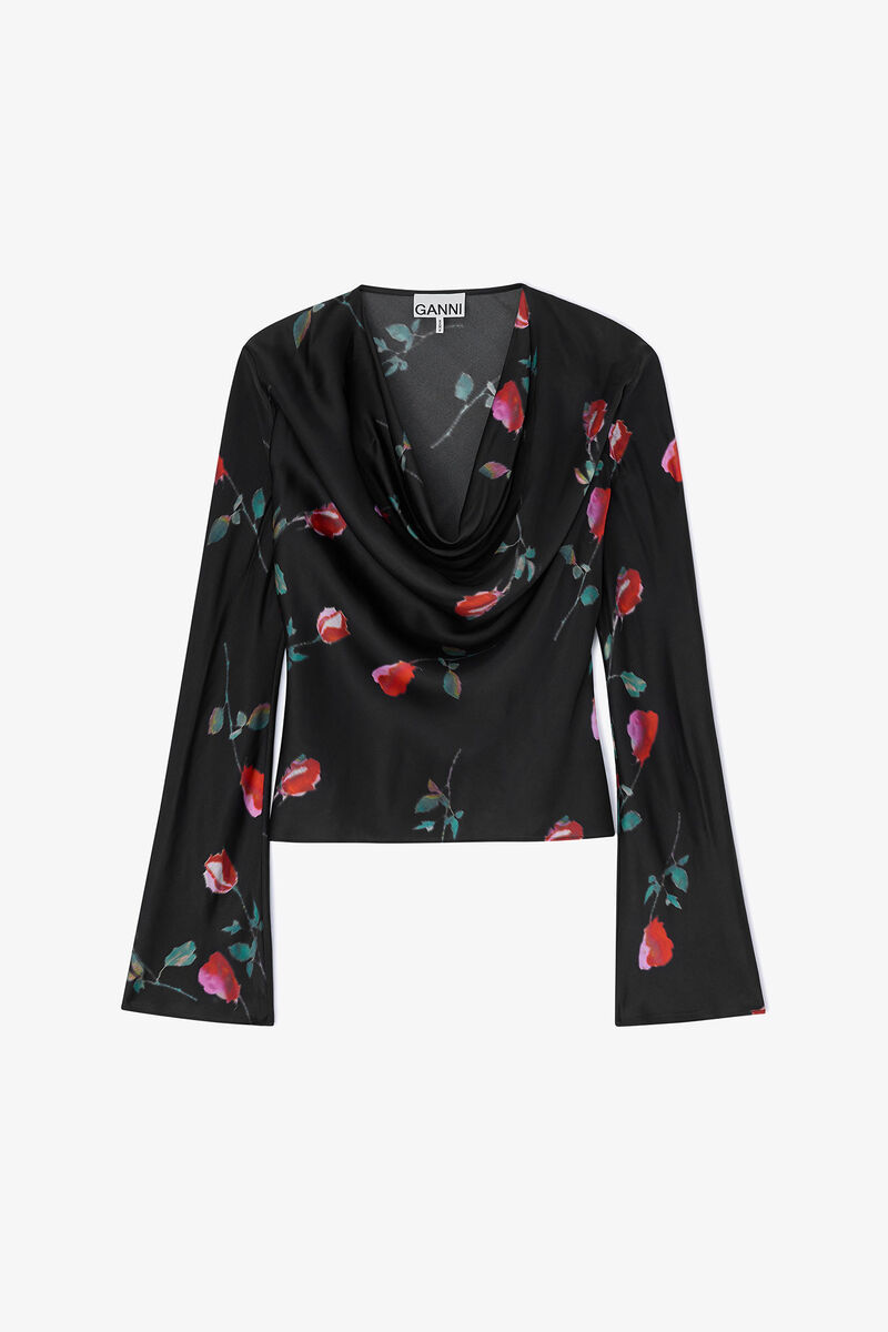 Printed Satin Blouse, in colour Black - 1 - GANNI