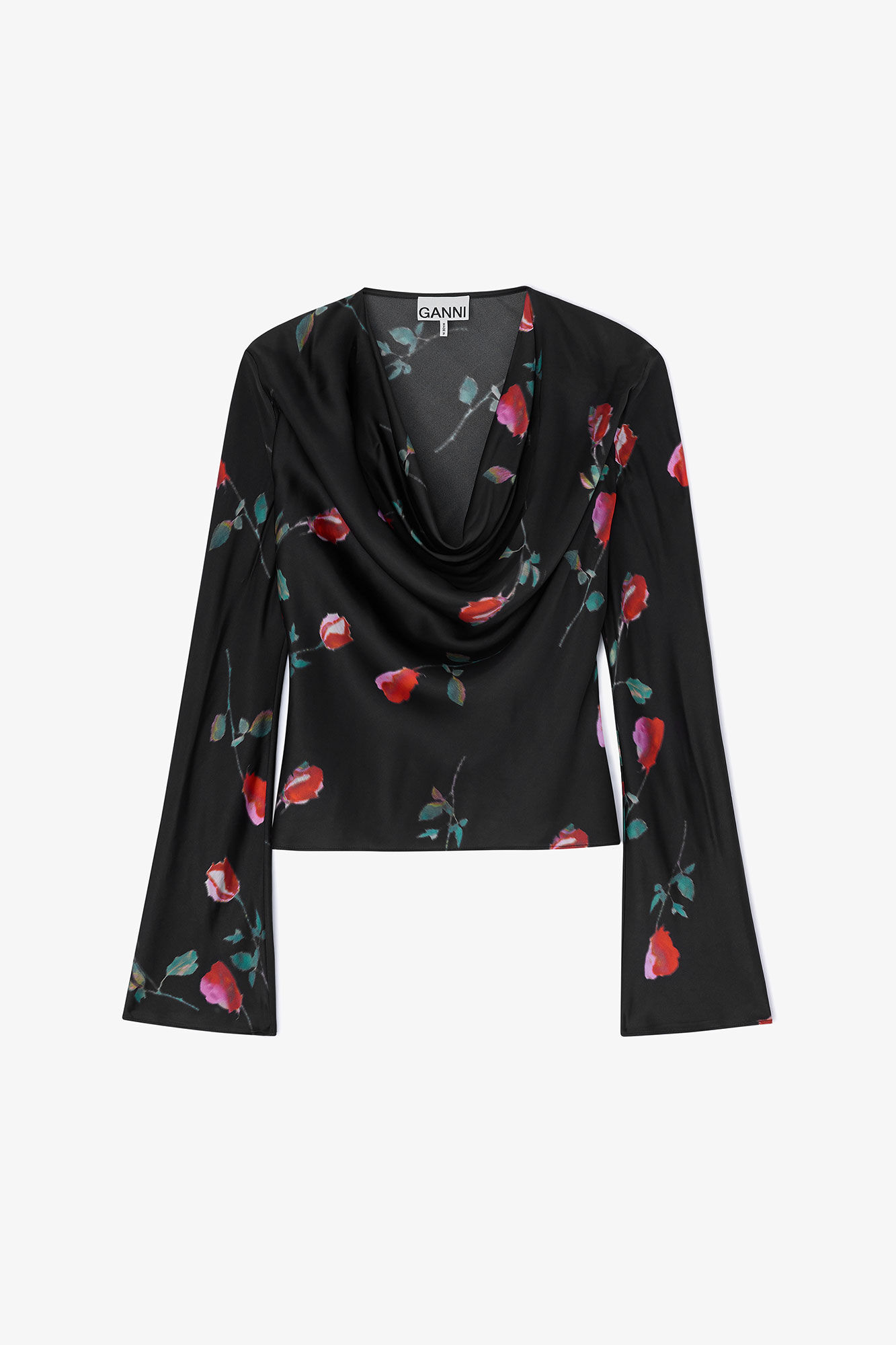 Printed Satin Blouse, in colour Black - 1 - GANNI