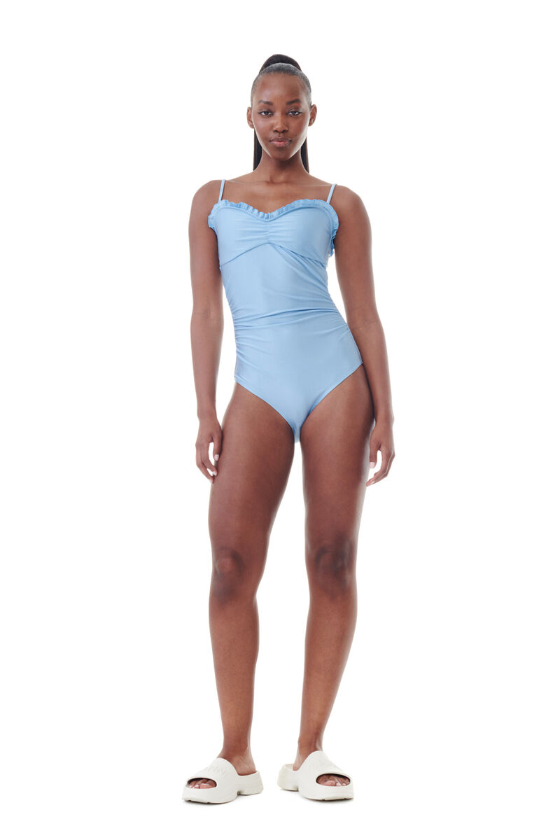 Blue Gathered Swimsuit, Nylon, in colour Glacier Lake - 2 - GANNI