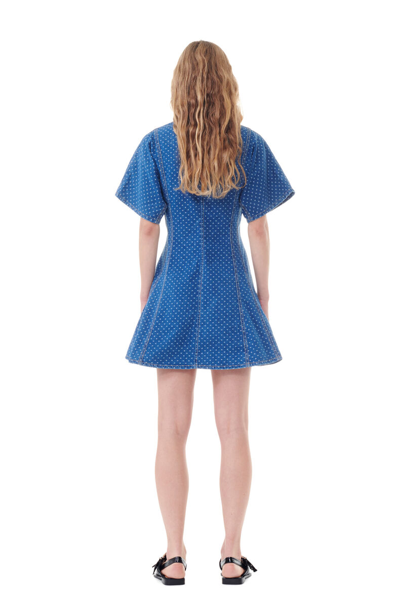 Blue Polka Dot Denim Mini-kjole, Cotton, in colour Mid Blue Stone - 4 - GANNI