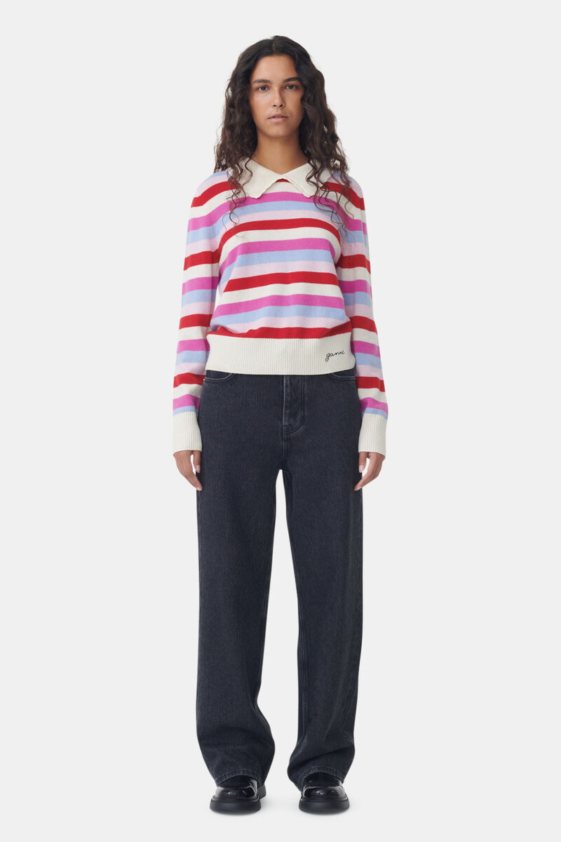 Striped Collar Pullover, Cashmere, in colour Egret - 2 - GANNI